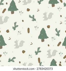 Hand drawn pattern with squirrels, pines, cones on light background. Vector illustration.