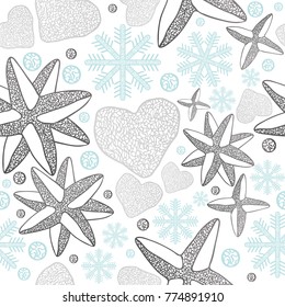 Hand drawn pattern with stars, snowflakes and hearts on a white background. Vector texture for Christmas  and Valentine's Day. Christmas pattern