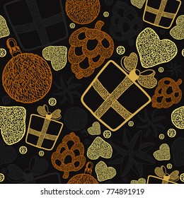 Hand drawn pattern with stars, snowflakes, gifts and hearts on a dark background. Vector texture for Christmas and Happy New Year