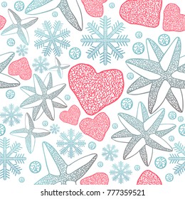 Hand drawn pattern with stars, snowflakes and hearts on a white background. Vector texture for Christmas and Valentine's Day