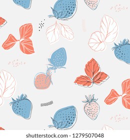 Hand drawn pattern with strawberries and leaves. Doodle Berries organic food elements. Vector background. Diet sketch color cliparts. Kitchen textile, background vector fill