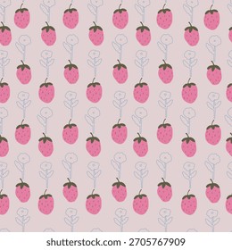 Handgezeichnetes Muster mit Erdbeere und blühender blauer Linie. Vektorgrafik mit Beeren und Blumen , nahtloses Muster.