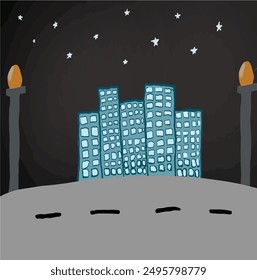 hand drawn pattern street night stars building lights