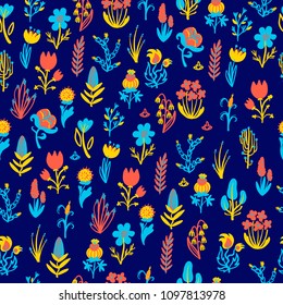 Hand Drawn pattern with summer flowers and herbs vintage floral elements.