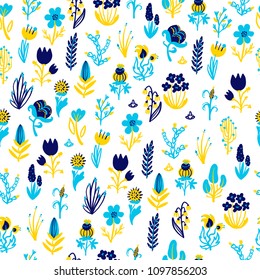 Hand Drawn pattern with summer flowers and herbs vintage floral elements. Blue Yellow on white