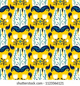 Hand Drawn pattern with summer flowers and herbs vintage Hohloma floral elements. Blue Yellow on white