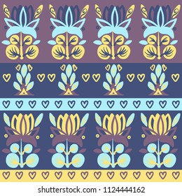Hand Drawn pattern with summer flowers and herbs vintage Hohloma floral elements. Blue Yellow on white