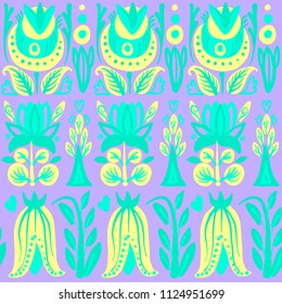 Hand Drawn pattern with summer flowers and herbs vintage Hohloma floral elements. Blue Yellow on white