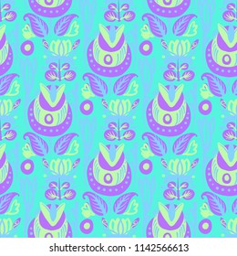 Hand Drawn pattern with summer flowers and herbs vintage Hohloma floral elements. Blue Yellow on white
