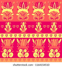 Hand Drawn pattern with summer flowers and herbs vintage Hohloma floral elements. Blue Yellow on white