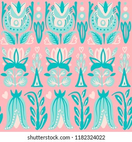 Hand Drawn pattern with summer flowers and herbs vintage Hohloma floral elements. Blue Yellow on white