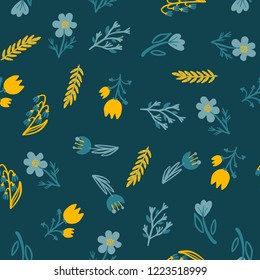 Hand Drawn pattern with summer flowers and herbs vintage Hohloma floral elements. Blue Yellow on white