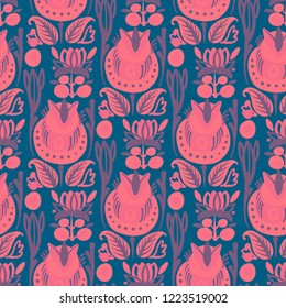 Hand Drawn pattern with summer flowers and herbs vintage Hohloma floral elements. Blue Yellow on white