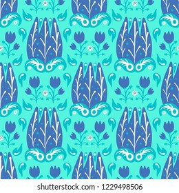 Hand Drawn pattern with summer flowers and herbs vintage Hohloma floral elements. Blue Yellow on white