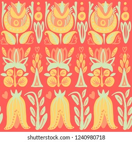 Hand Drawn pattern with summer flowers and herbs vintage Hohloma floral elements. Blue Yellow on white