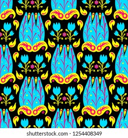 Hand Drawn pattern with summer flowers and herbs vintage Hohloma floral elements. Blue Yellow on white