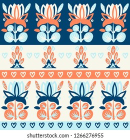 Hand Drawn pattern with summer flowers and herbs vintage Hohloma floral elements. Blue Yellow on white