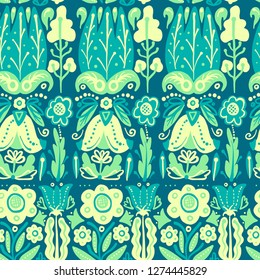 Hand Drawn pattern with summer flowers and herbs vintage Hohloma floral elements. Blue Yellow on white