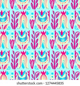Hand Drawn pattern with summer flowers and herbs vintage Hohloma floral elements. Blue Yellow on white