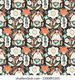 Hand Drawn pattern with summer flowers and herbs vintage Hohloma floral elements. Blue Yellow on white