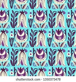 Hand Drawn pattern with summer flowers and herbs vintage Hohloma floral elements. Blue Yellow on white