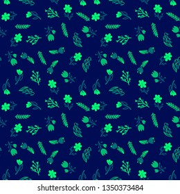 Hand Drawn pattern with summer flowers and herbs vintage Hohloma floral elements. Blue Yellow on white