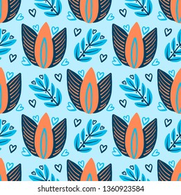 Hand Drawn pattern with summer flowers and herbs vintage Hohloma floral elements. Blue Yellow on white