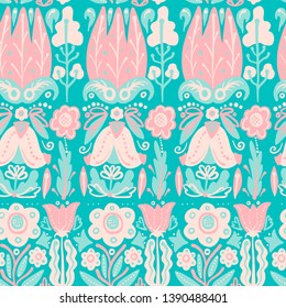 Hand Drawn pattern with summer flowers and herbs vintage Hohloma floral elements. Blue Yellow on white
