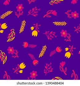 Hand Drawn pattern with summer flowers and herbs vintage Hohloma floral elements. Blue Yellow on white