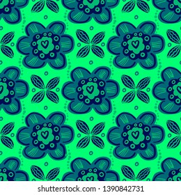 Hand Drawn pattern with summer flowers and herbs vintage Hohloma floral elements. Blue Yellow on white