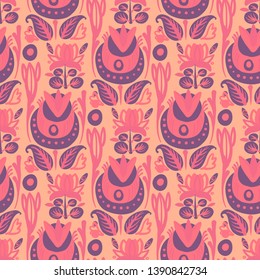 Hand Drawn pattern with summer flowers and herbs vintage Hohloma floral elements. Blue Yellow on white