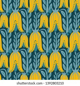Hand Drawn pattern with summer flowers and herbs vintage Hohloma floral elements. Blue Yellow on white
