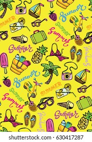 Hand drawn pattern with summer illustration.