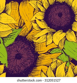 Hand drawn pattern of sunflowers. Flower sunflower with heart and rose. Pattern for packaging, advertising, and oil products from sunflower.