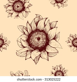 Hand drawn pattern of sunflowers. Flower sunflower with heart and rose. Pattern for packaging, advertising, and oil products from sunflower.