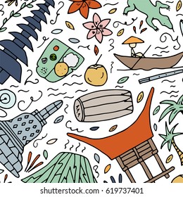 Hand drawn pattern with symbols of Indonesia. Vector illustration.