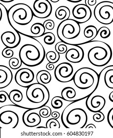 Hand drawn pattern texture repeating seamless monochrome, black and white. Seamless pattern with black swirl ornament on white. Background for invitations and cards. Wedding, birthday. vector. doodle