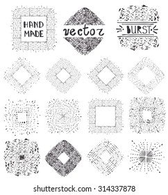 Hand drawn pattern Textures.Sunray square burst,wreath,frame.Point drop decor,artistic brushes.Isolated Design template elements, invitations, holiday, ,logo design.Sketched ink,grunge Vector.