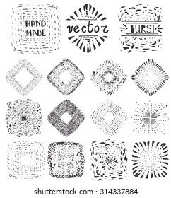 Hand drawn pattern Textures.Sunray square burst,wreath,frame.Point drop decor,artistic brushes.Isolated Design template elements, invitations, holiday, ,logo design.Sketched ink,grunge Vector.