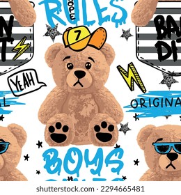 hand drawn pattern with toy bears toys. Cool background for boys. For clothes, prints, textiles
