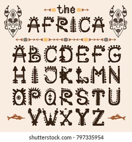 Hand drawn pattern with Tribal font typeface and mask ethnic . Capital Letters for your design, wallaper, textile, print. African culture. Fabric afro ornament. Coloful batik art. Type script.