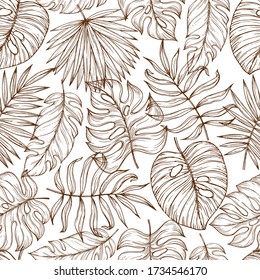 Hand drawn pattern with tropical leaves. Vector background in engraving style. Sketch design. For textiles, packaging, cosmetics, decor.  