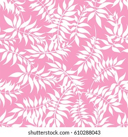 Hand drawn pattern, tropical leaves on pink background. Abstract floral Seamless  background, can be used for wedding invitation, card, wrapping paper, fashion textile, linen bedwear