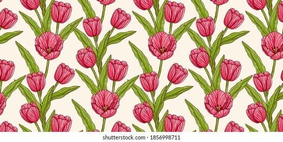 Hand drawn pattern of tulips flower and leaves. Pink and green colors with line art, vector illustration. Best for invitation, print, card, poster.