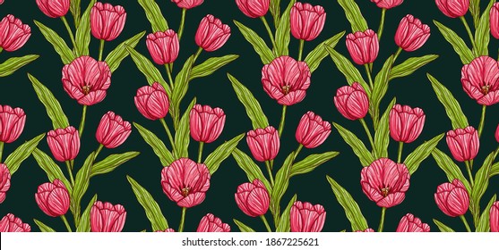 Hand drawn pattern of tulips flower and leaves on black background. Red and green colors with line art, vector illustration. Best for invitation, print, card, poster.