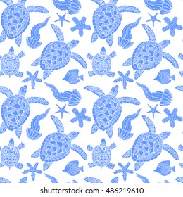 Hand drawn pattern with turtles, jellyfish and other sea animals 