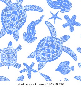 Hand drawn pattern with turtles, jellyfish and other sea animals 