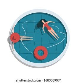 Hand drawn pattern with two girls chilling in the swimming pool. Vector isolated background with people sunbathing in the swimsuits in the water. Summer time template.