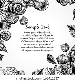 Hand drawn pattern with various seashells and place for text