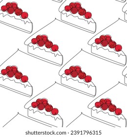 Hand drawn pattern vector. Cherry cake line icon seamless background. Dessert repeated backdrop. Continuous doodle illustration. Kitchen wallpaper, cooking print, card, banner.
